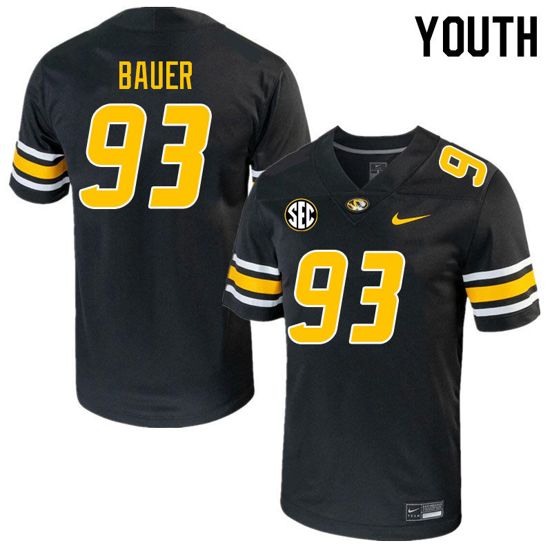 Youth #93 Luke Bauer Missouri Tigers College 2023 Football Stitched Jerseys Sale-Black